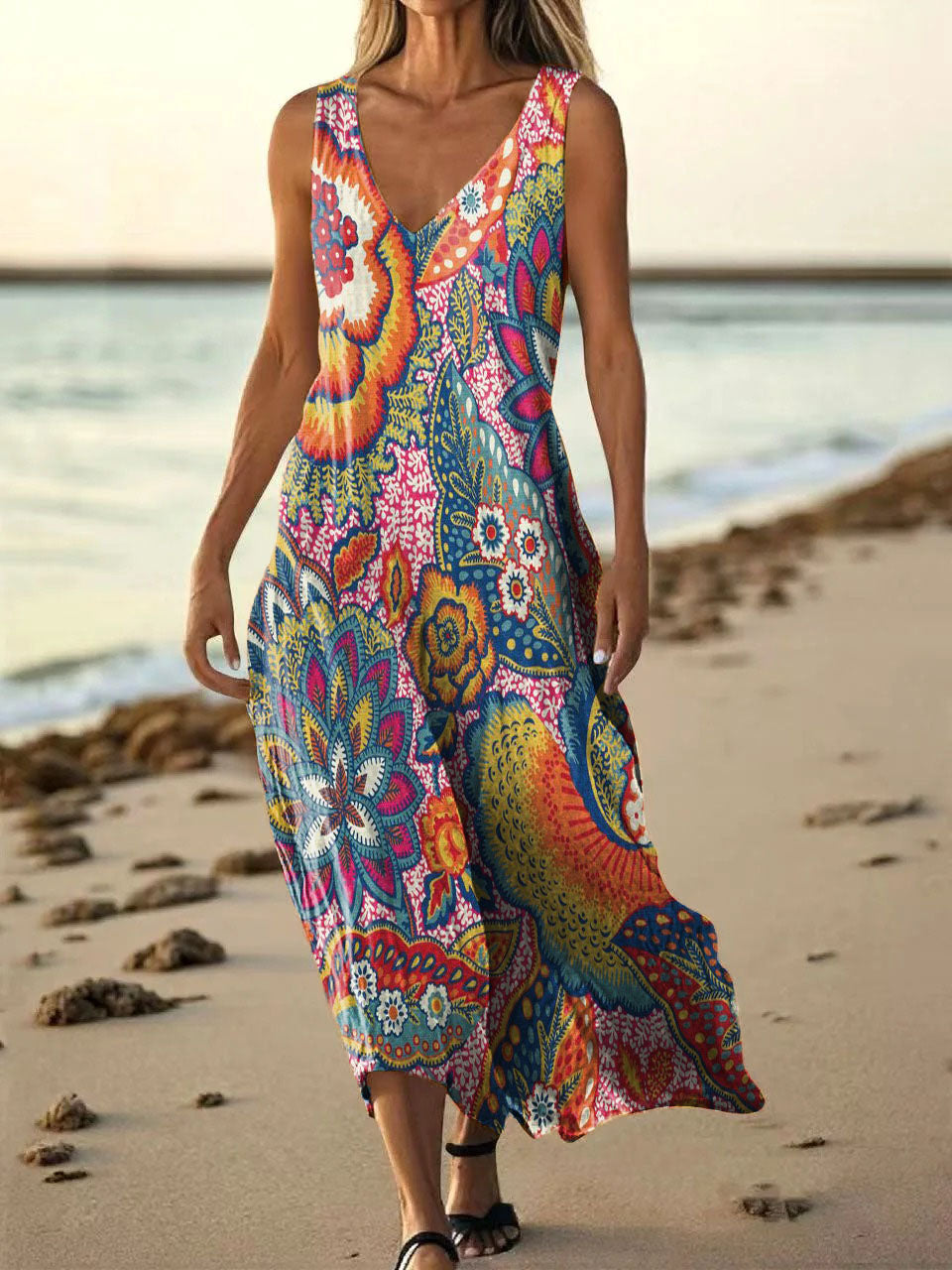 Women's Colorful Folk Flower Art Print V-neck Sleeveless Pocket Cotton