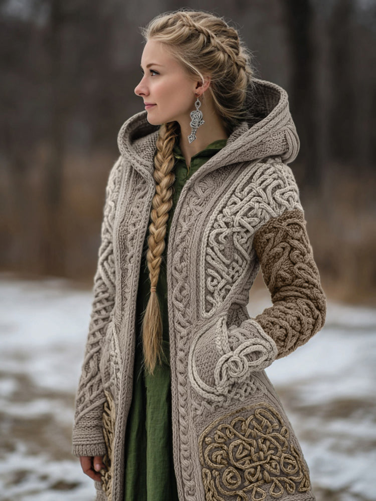 Women's Vintage Viking Celtic Knit Cozy Zipper Pocket Sweater Jacket artswardrobe