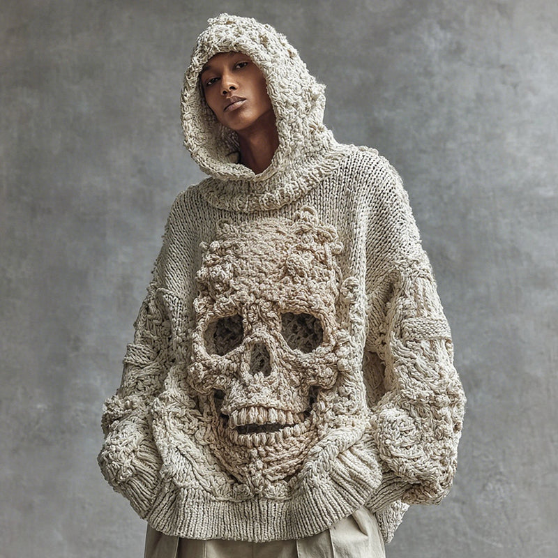 Men's Vintage Skull Pattern Cozy Knit Hooded Sweater artswardrobe