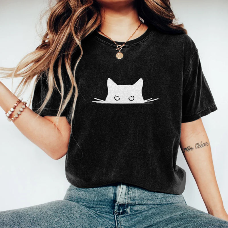 Comstylish Abstract Creative Embroidered Black Cat Art Print T-shirt