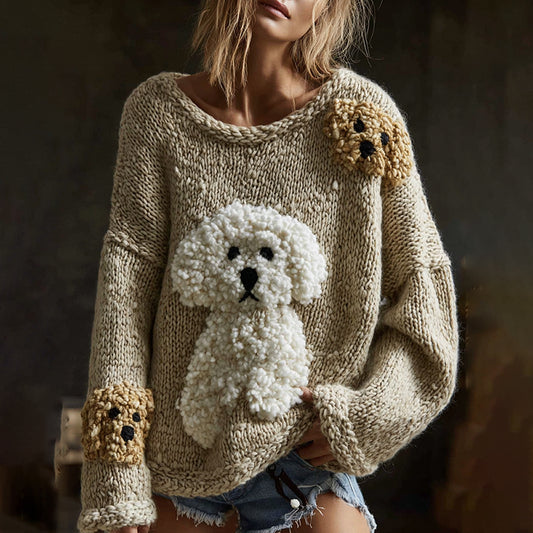 Comstylish Classic Fluffy Dogs Felt Cozy Knit Sweater