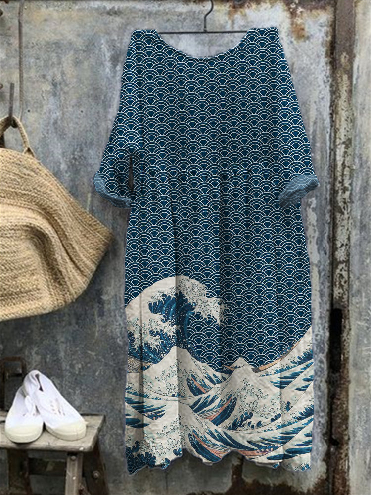 The Great Wave off Kanagawa Pleated Maxi Dress