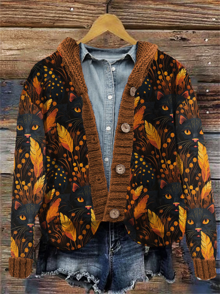 Colorful Black Cat Pattern Women's Cardigan artswardrobe