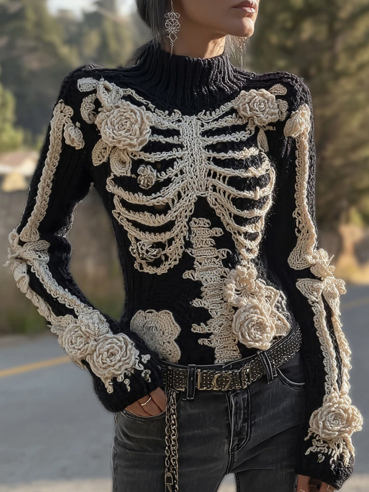 Vintage Skeleton Roses Crochet Art Cozy Turtleneck Sweater artswardrobe