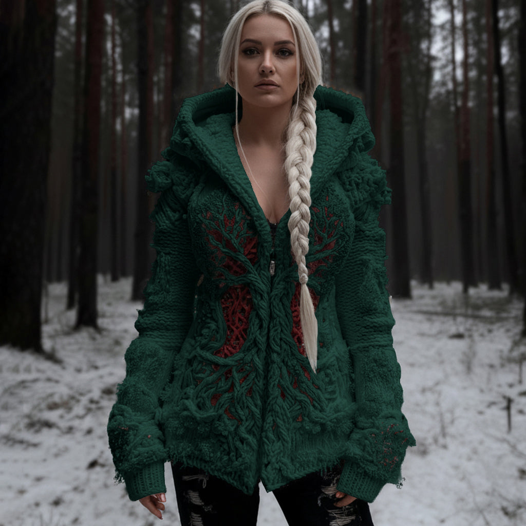 Women's Viking Tree Of Life Cable Knit Zip-up Hooded Sweater artswardrobe