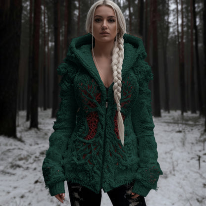 Women's Viking Tree Of Life Cable Knit Zip-up Hooded Sweater artswardrobe