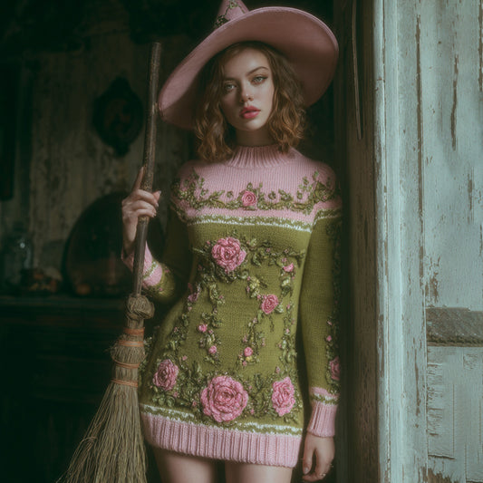 Women's Vintage Halloween Rose Pattern Cozy Knit Mini Sweater Dress artswardrobe