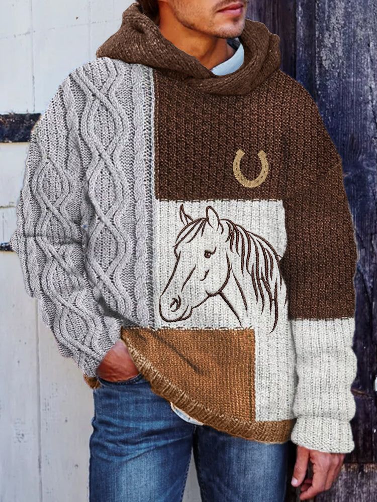 Men's Horse Lover Embroidered Cable Knit Patchwork Hooded Sweater elevenforest