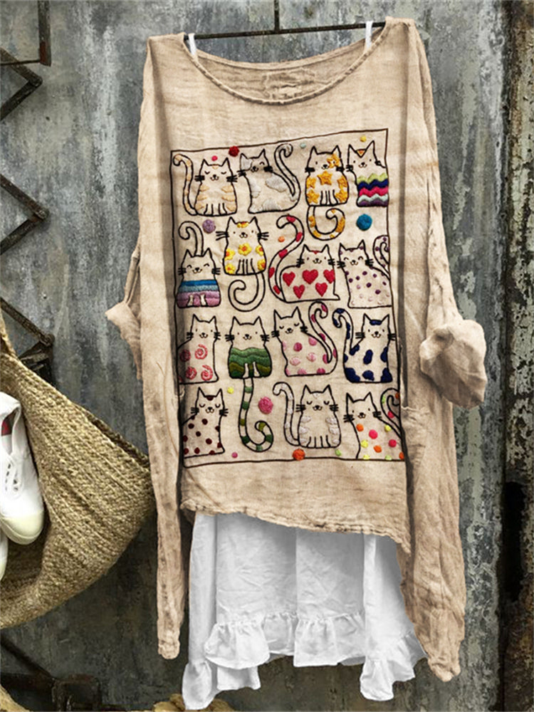 Colorful Cats Embroidered Art Linen Blend Tunic