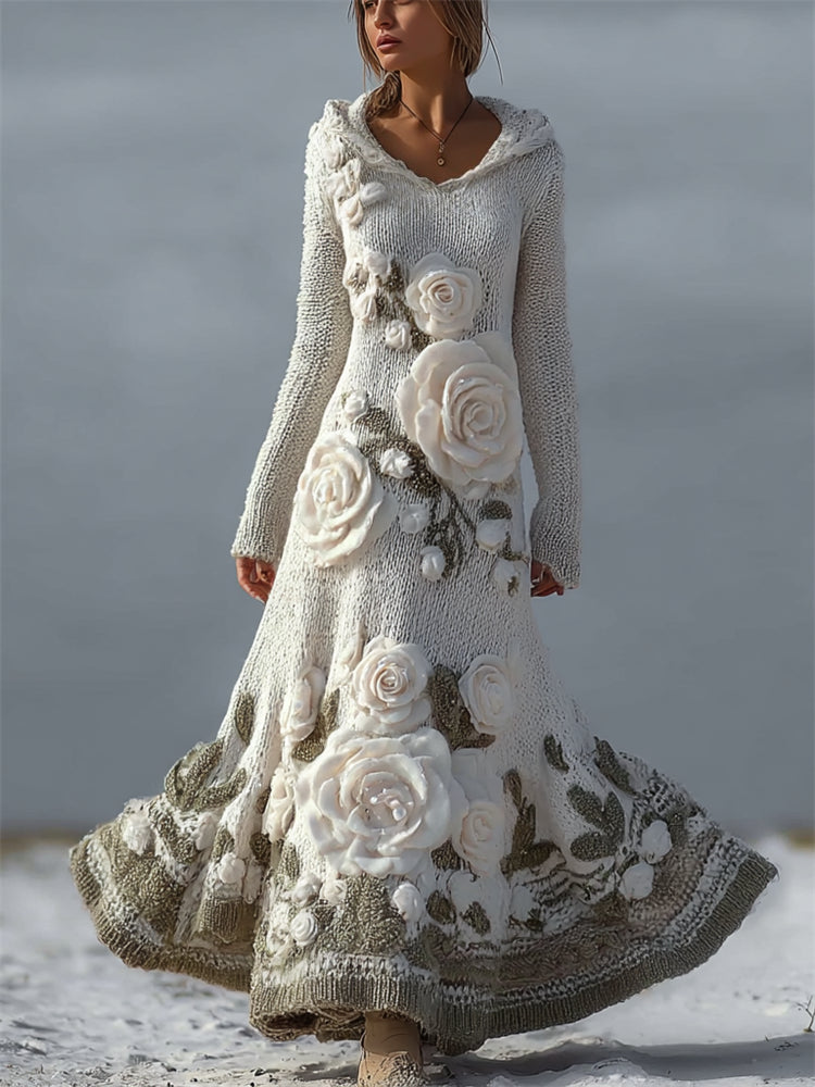 Vintage White Roses Cozy Hooded Maxi Sweater Dress artswardrobe