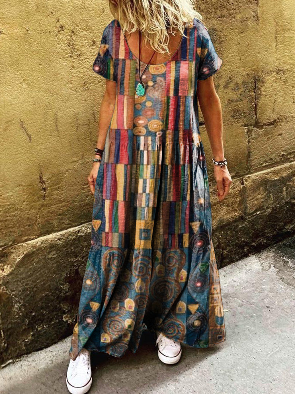 Women's Boho Retro Folk Art Print Pocket Short Sleeve Cotton Dress