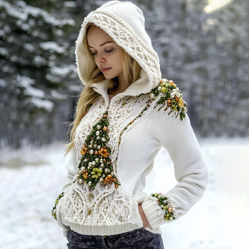 Women's Christmas Tree Embroidery Art Comfort Hooded Sweatshirt artswardrobe