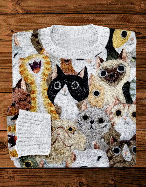 Cute Crowded Cats Art Pattern Cozy Sweater elevenforest