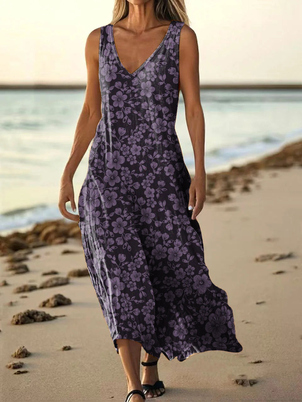 Women's Vintage Floral Art Print Pocket Cotton Dress