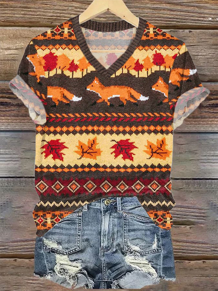 Women's The Fox And Foliage Print V Neck T-Shirt artswardrobe