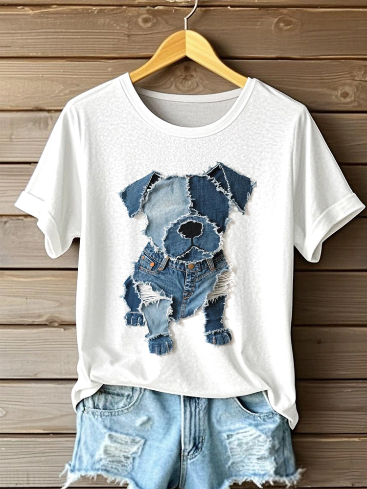 Women's Dog Pattern Denim Patchwork Art T-shirt artswardrobe