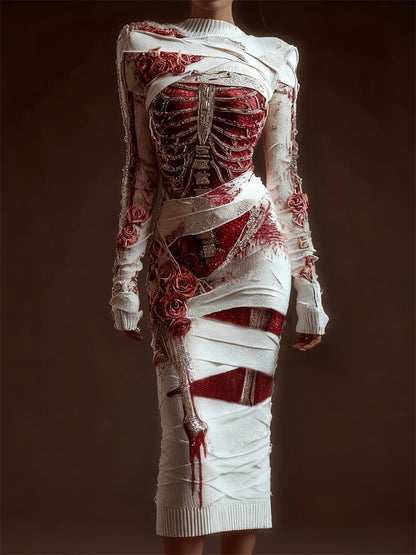 Classy Skeleton Anatomy Bloody Roses Bandages Maxi Sweater Dress artswardrobe