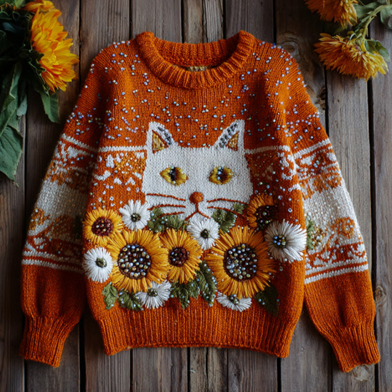 Women's Vintage Halloween Sunflower And Cat Embroidered Sweater elevenforest