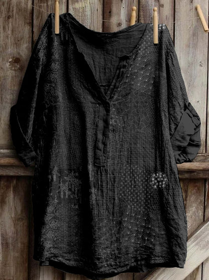 Comstylish Japanese Traditional Sashiko Art Linen Blend Cozy Tunic