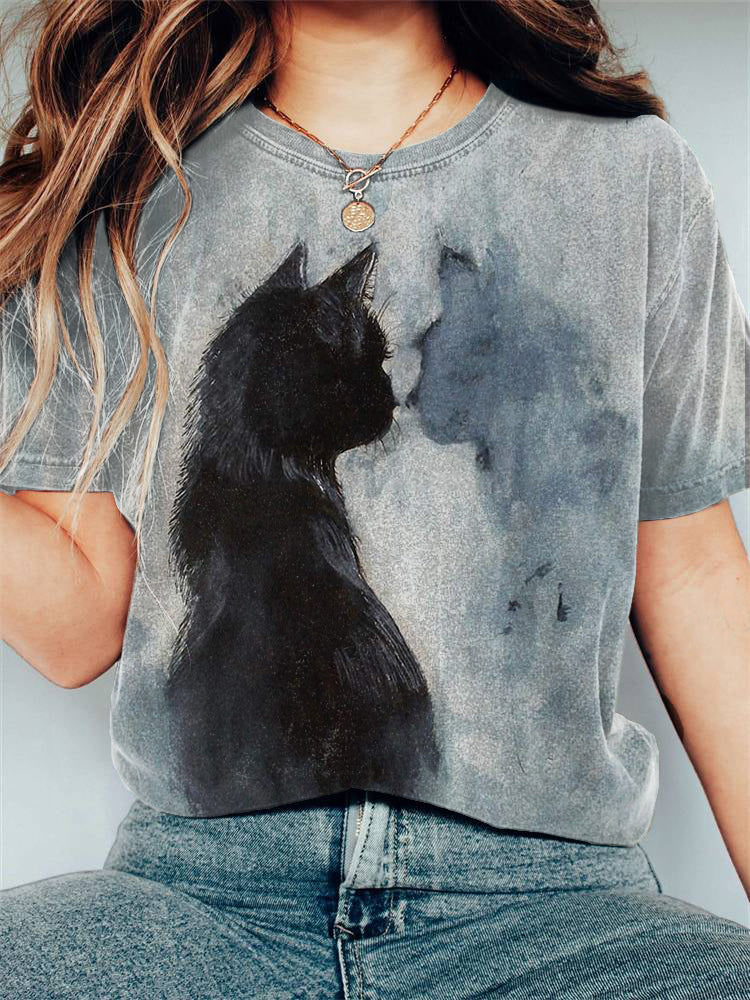 Ink Painting Black Cat Print Vintage T-Shirt elevenforest