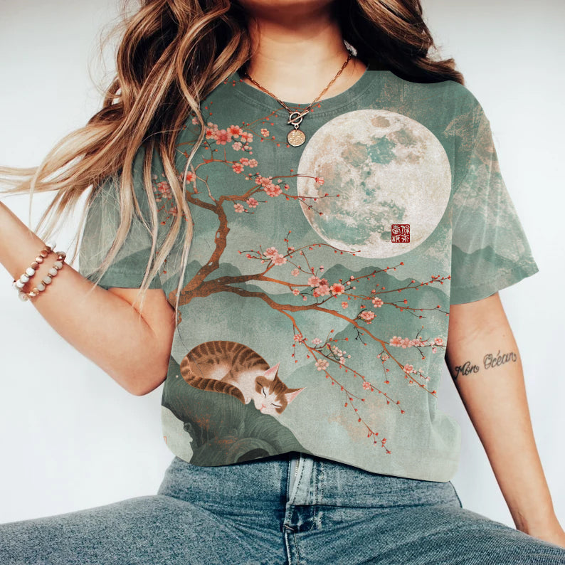 Comstylish Blossom On Moonlit Japanese Cat Art Round Neck Short Sleeve T-Shirt