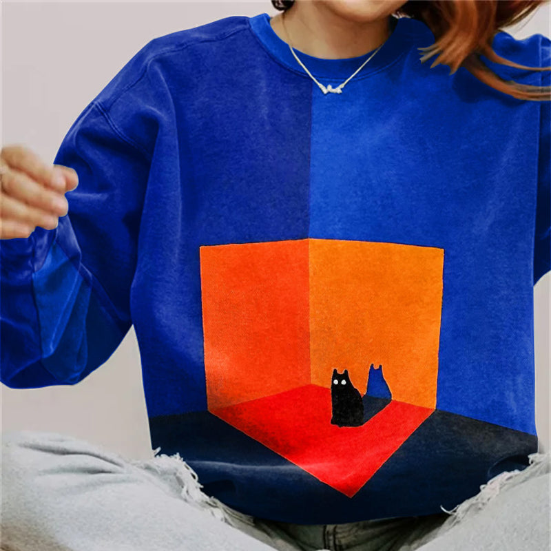 Art Cat Print Round Neck Long Sleeve Sweatshirt elevenforest