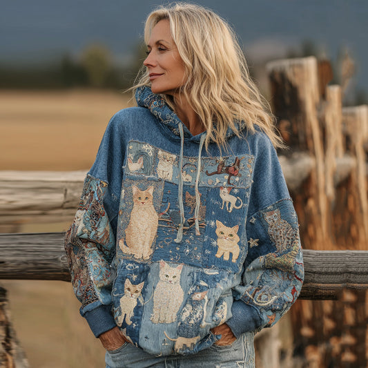Comstylish Women's Denim Patchwork Cute Cat Print Hoodie