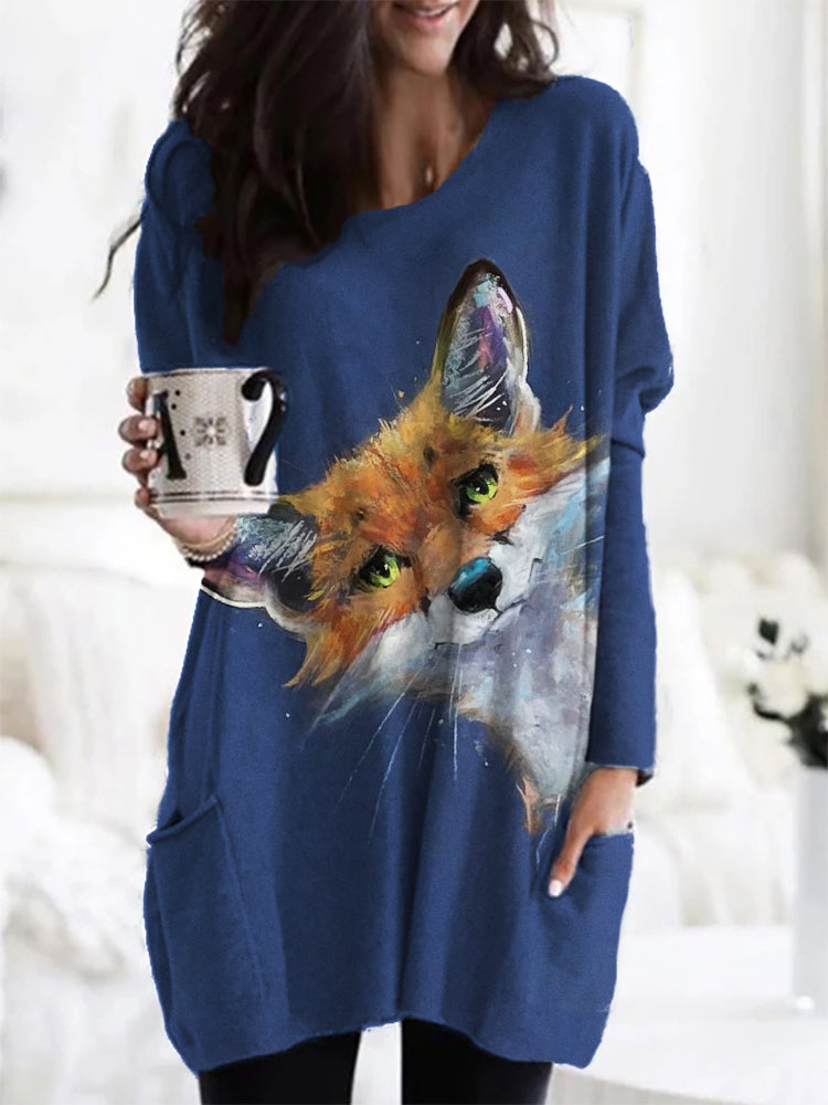 Fuzzy Peeking Fox Painting Cozy Tunic artswardrobe