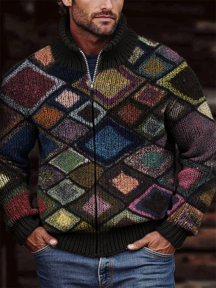 Men's Retro Colorblock Geometric Crochet Cozy Zip Cardigan elevenforest