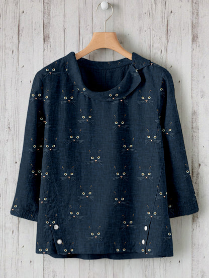 Comstylish Cute Cat Face Pattern Linen Blend Cozy Tunic