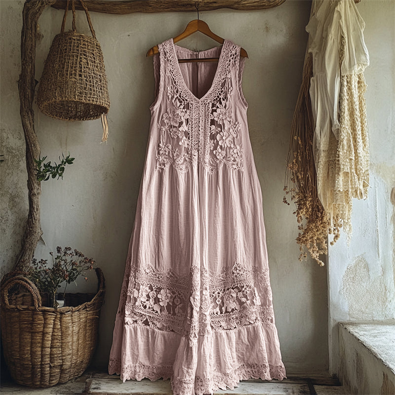 Vintage Floral Hollow Lace Patchwork Linen Maxi Dress artswardrobe