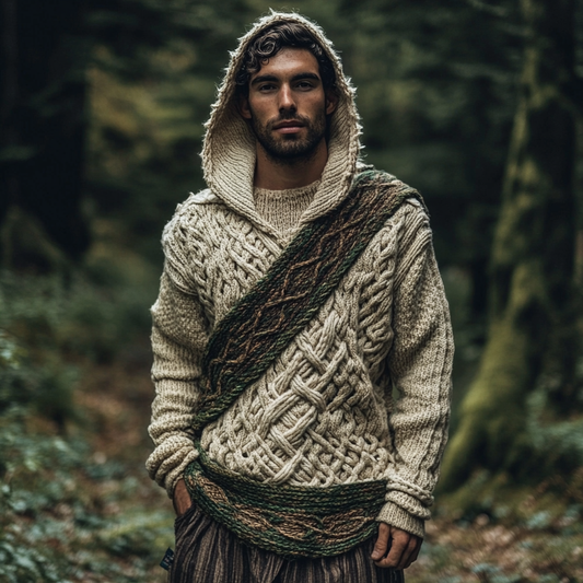 Men's Irish Celtic Knotted Chunky Irregular Cable Knit Hooded Sweater elevenforest