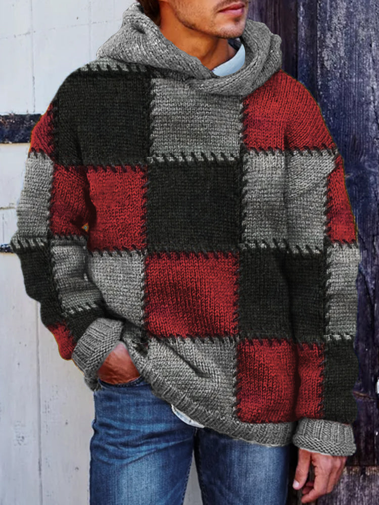 Men's Retro Colorblock Patchwork Stitched Cozy Hooded Sweater elevenforest