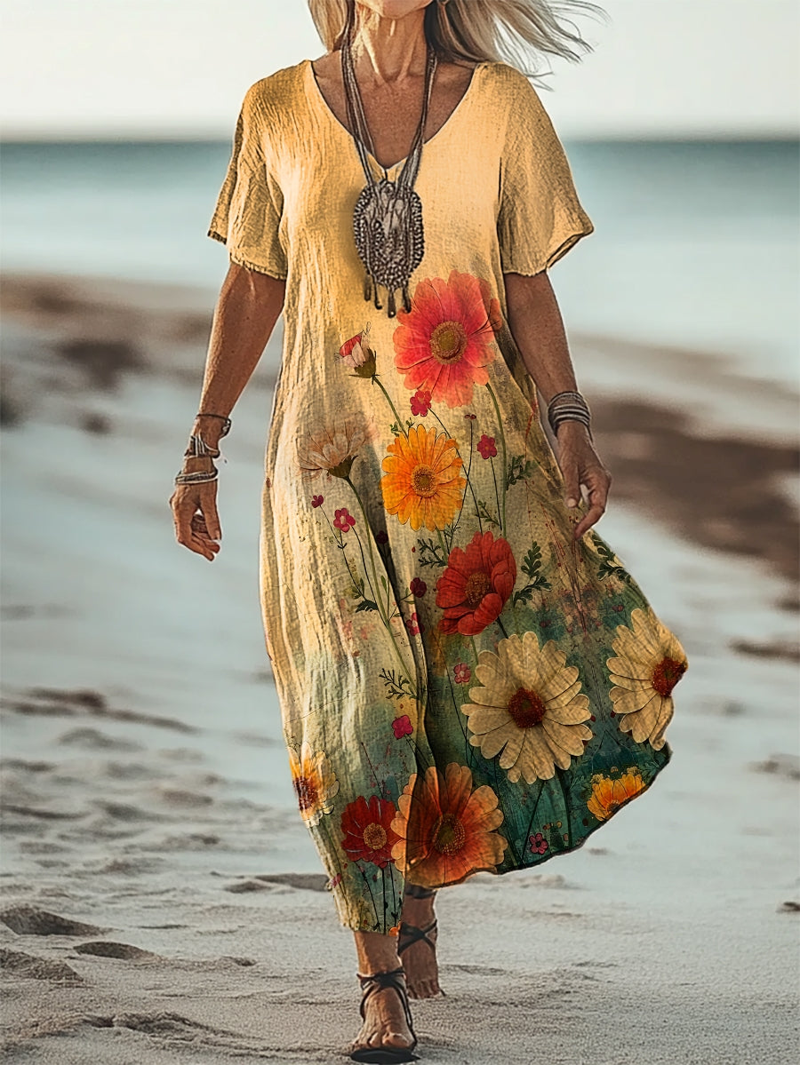 Women's Vintage Floral Art Patterns Print Short Sleeve Pocket Cotton L