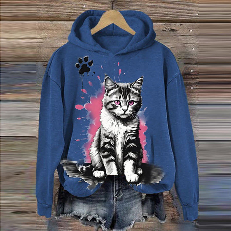Women's Cute Cat Printed Hooded Sweatshirt elevenforest