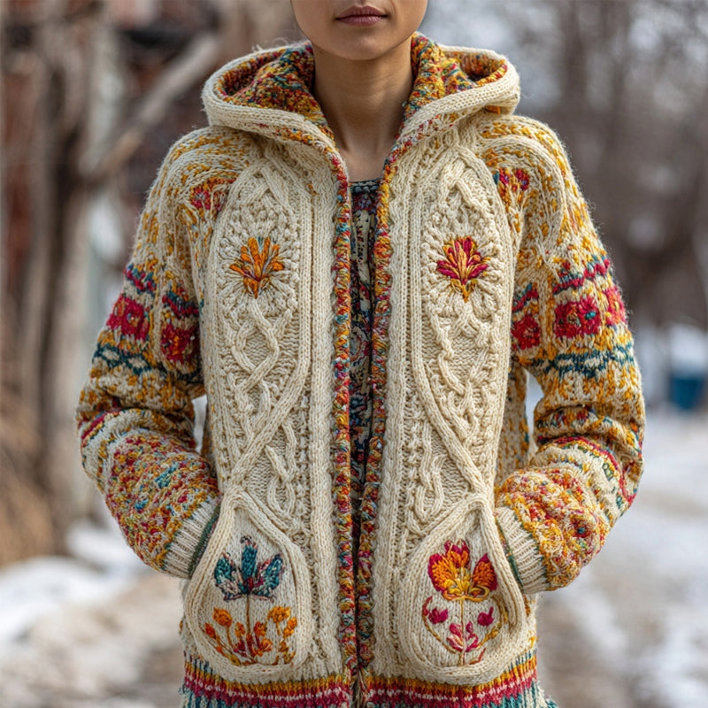 Mexican Flowers Embroidered Chunky Hooded Sweater Cardigan artswardrobe