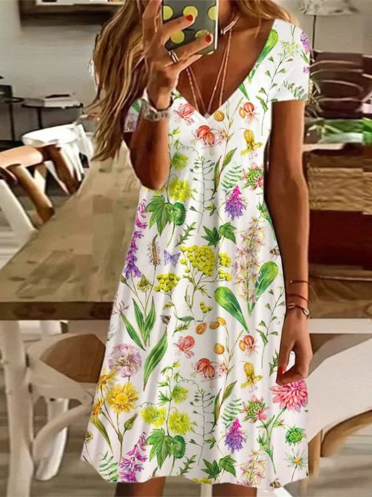 ER | Donna Sundress Midi Dress Manica corta Stampa floreale Estate Casual V Neck Abiti allentati Plus Size 2024 Abbigliamento Donna Vestidos