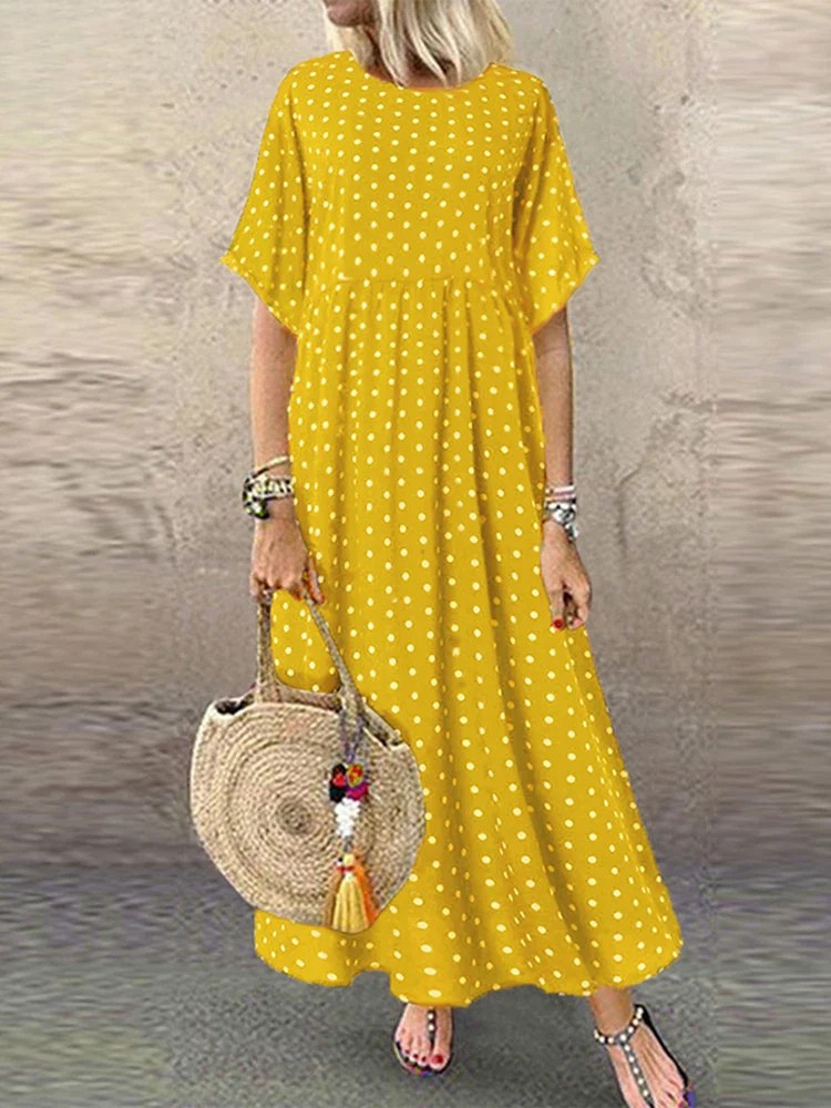 ER | Polka Dot Ladies Midi Dress Bohemian Holiday Manica corta O-Neck Long Robe Vintage Loose Casual A-line Vestidos Summer