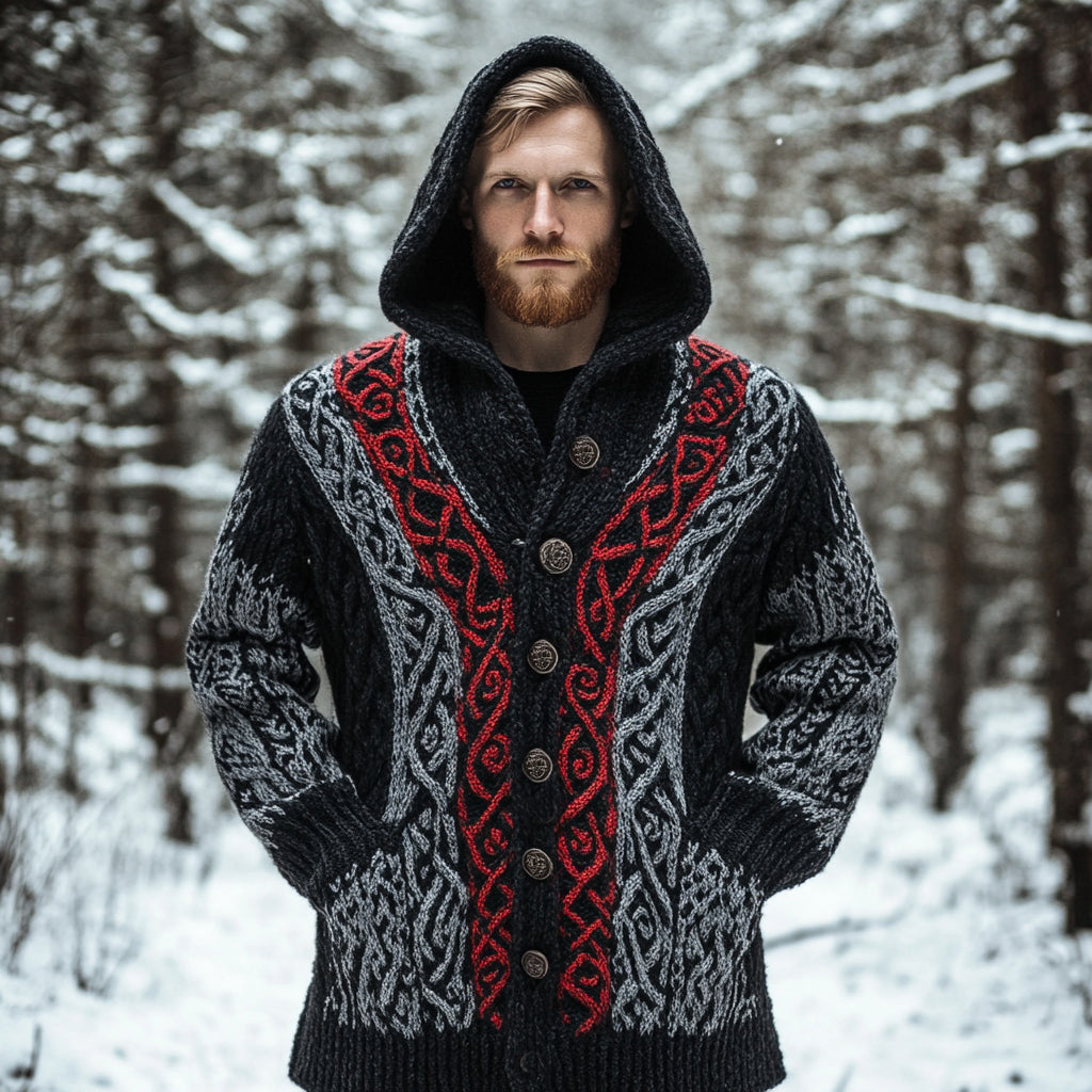Men's Viking Celtic Knot Jacquard Hooded Button Sweater artswardrobe