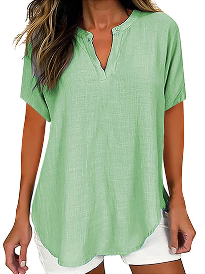 Comstylish Solid Color V Neck Short Sleeve Linen Blend Shirt