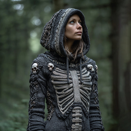 Women's Vintage Viking Skull Cozy Knit Hooded Sweater artswardrobe