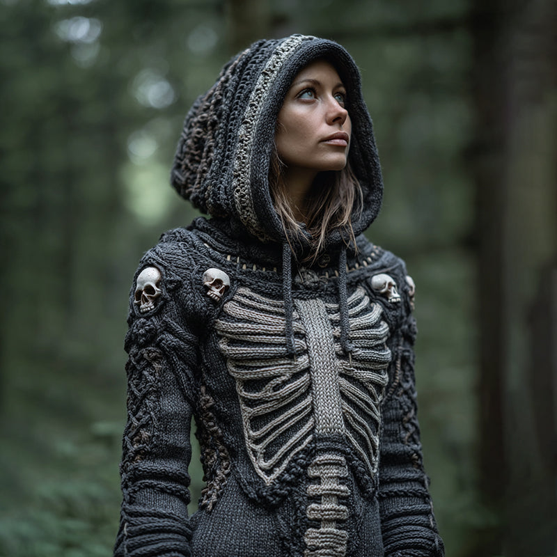 Women's Vintage Viking Skull Cozy Knit Hooded Sweater elevenforest