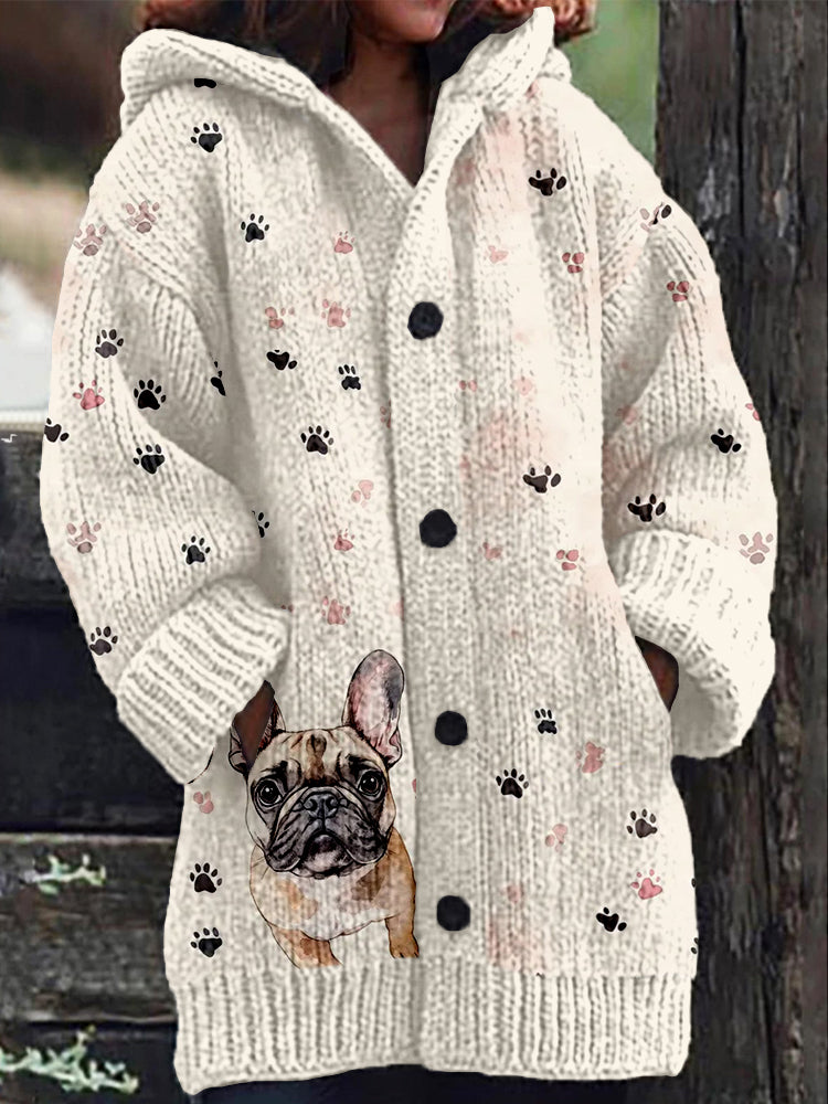 Comstylish Cute French Bulldog Paws Print Cozy Hooded Cardigan