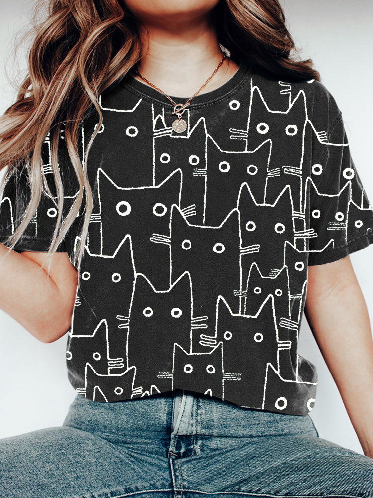 Comstylish Cute Black & White Line Cat Print Short Sleeve T-Shirt