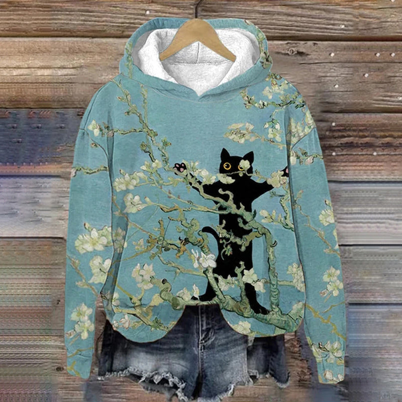 Van Gogh Almond Blossom Still Life Black Cat Print Hoodie elevenforest