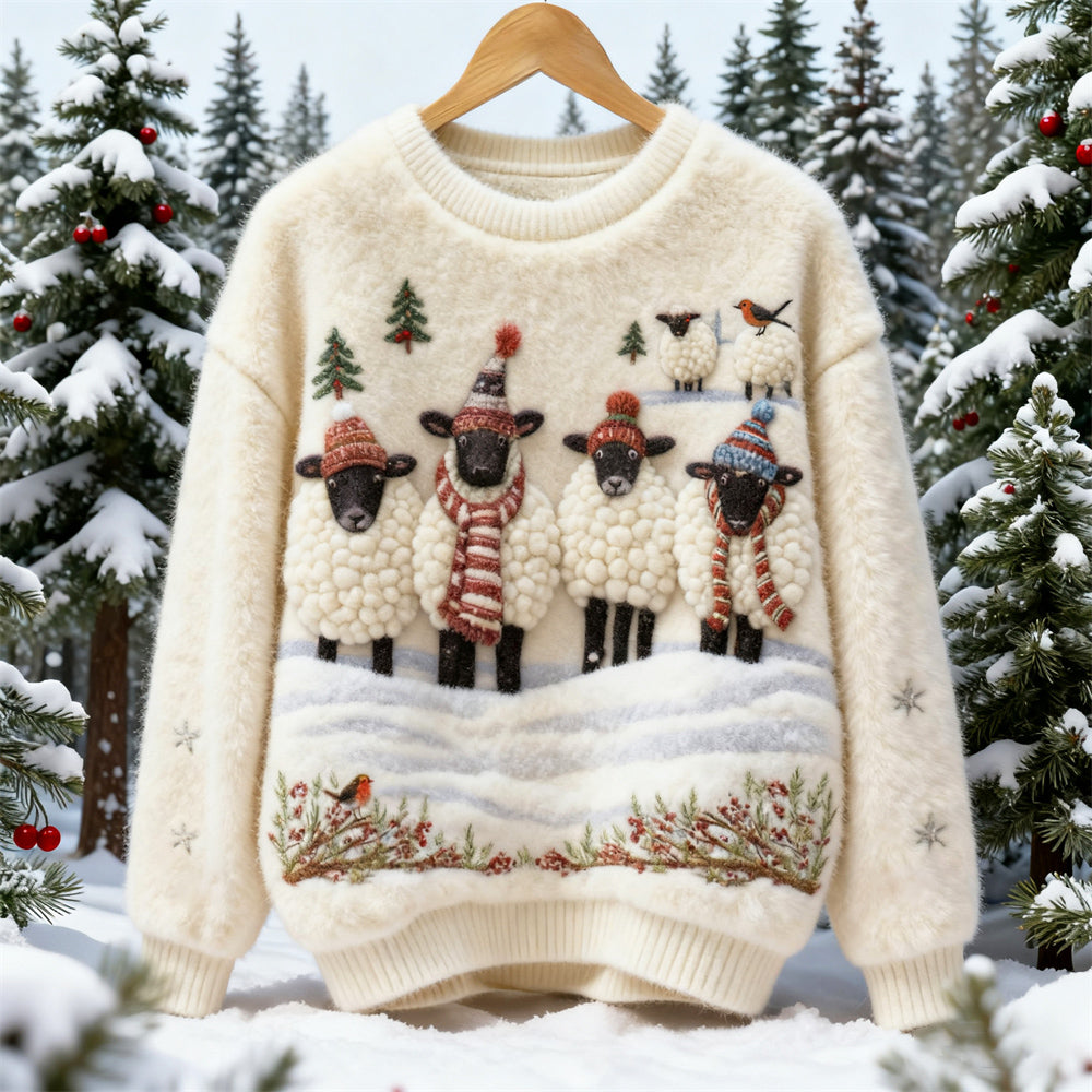 Christmas Lamb-print Women's Soft Fleece Sweater