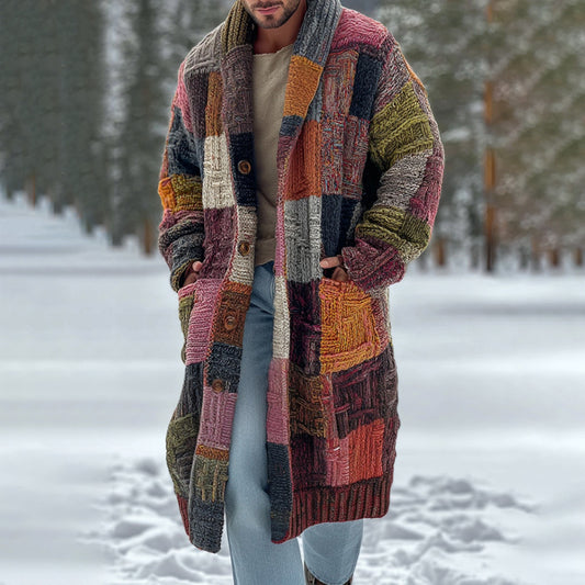 Men's Vintage Geometric Block Knit Warm Sweater Long Cardigan elevenforest