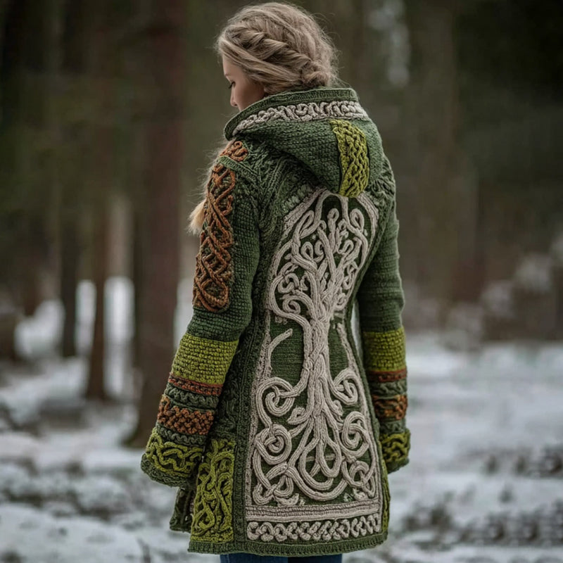 Women's Vintage Viking Tree Of Life Pattern Cozy Knit Hooded Sweater Cardigan artswardrobe