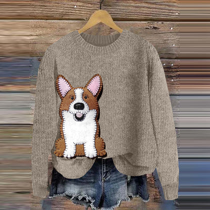 Comstylish Cute Corgi Applique Embroidery Cozy Sweater