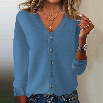 Women's Pink V Neck Button Down Cozy Sweater artswardrobe